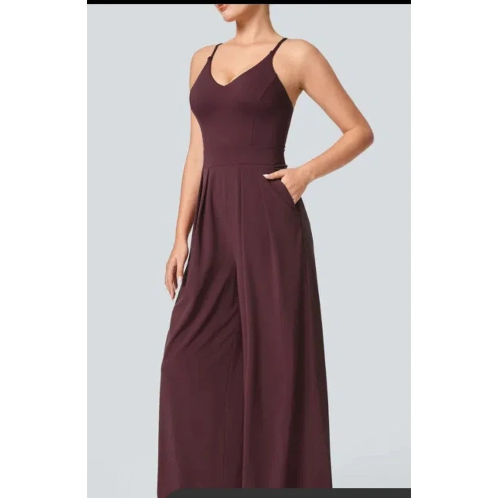 Halara Burgundy Wide Leg V-Neck Spaghetti Strap Jumpsuit with Pockets Large - Picture 5 of 7
